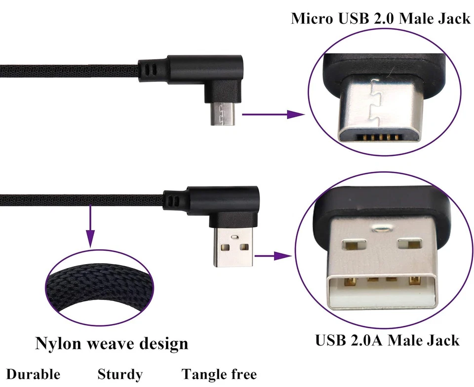 90 Degree Right Angle Micro USB Cable Fast Charging Cord 3/6/10FT For Samsung LG - Image 3 of 4