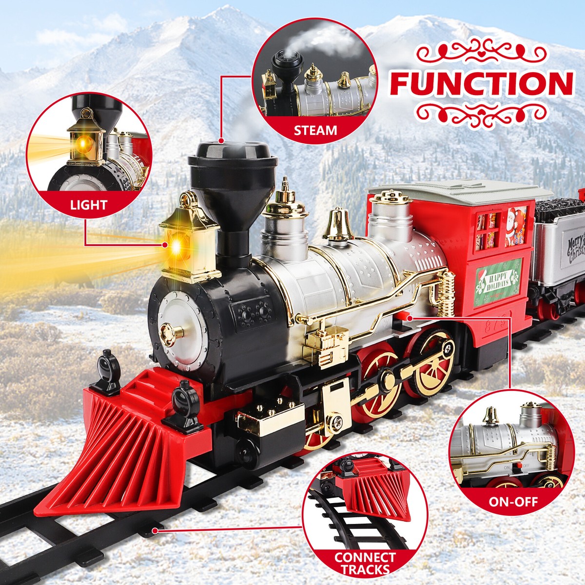 Christmas Train Set w/Light Sound Smoke Effect Electric Train Toy