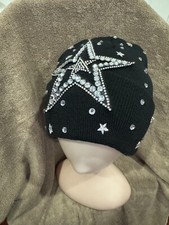 Women Knit Beanie hat Black With Rhinestones Stars