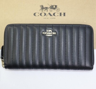 COACH Black Gold Logo Stripe Pillow Quilting Long Wallet Round Zip Rare New