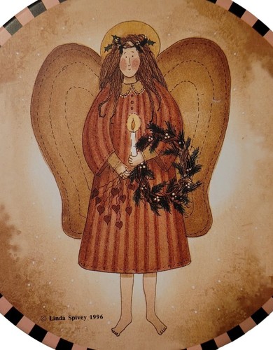 Vintage Linda Spivey Angel Wreath Candle Art 5.5" Round Tin 1996 Decor Container - Picture 3 of 20