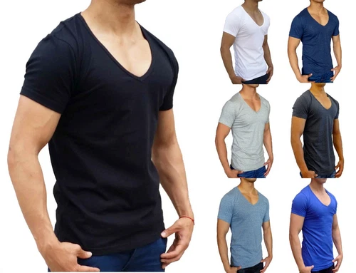 NEW MENS PLAIN DEEP V NECK T SHIRT SLIM FIT S - XXL EURO CASUAL MUSCLE FASHION