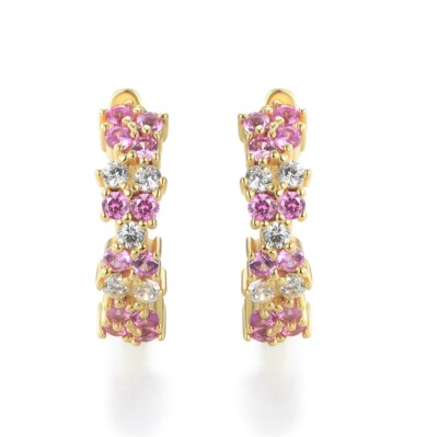 Damen Ohrringe 9 Karat Gold auf Sterling 925 Silber Rubin & weißer Saphir Huggie