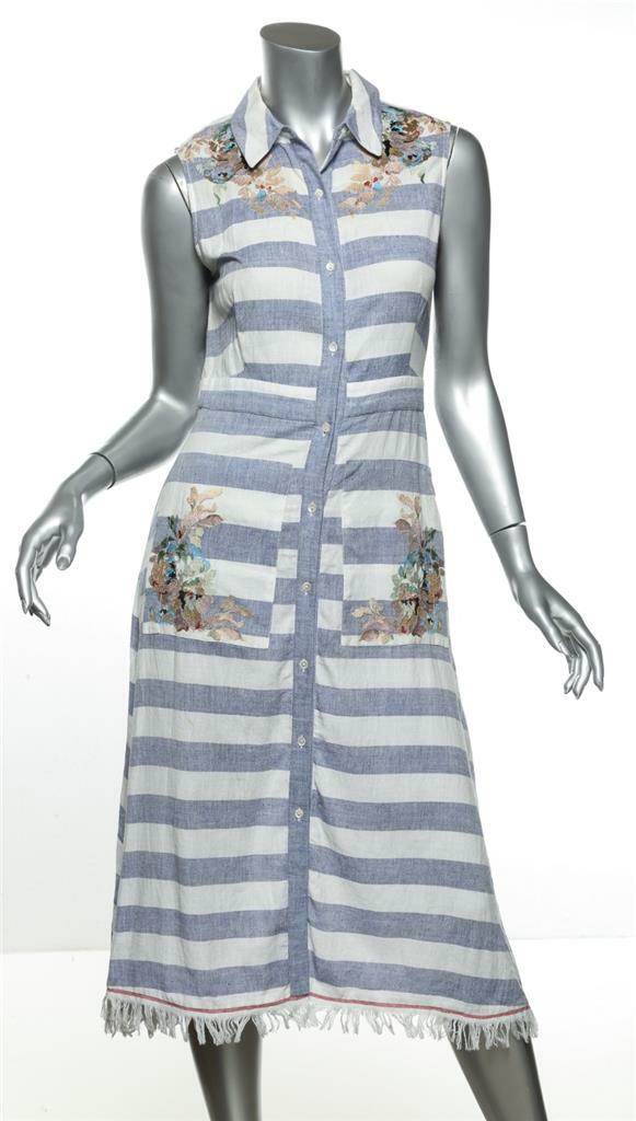 SUNO Blue Striped Floral Embroidered Sleeveless Long Midi Dress w/ Pockets 4 SUNO Blue Striped Floral Embroidered Sleeveless Long Midi Dress w/ Pockets 4