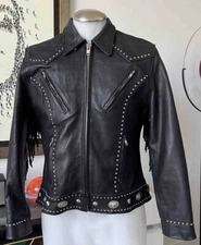 MOTORCYCLE BIKER JACKET CONCHO / STUDS / TASSELS / VINTAGE UNIK WOMAN SZ LG
