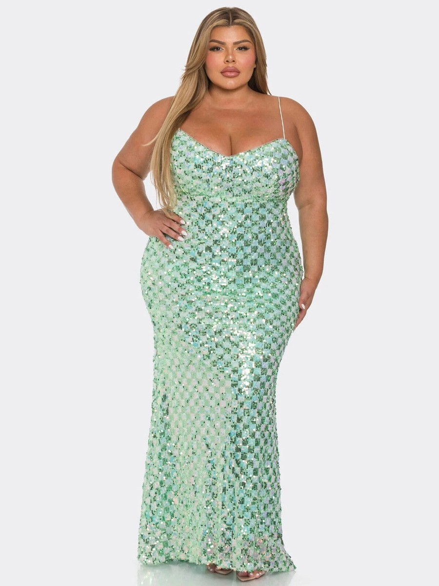 slim fit dress slacks La Femme Women's Stretch Sequin Gown in Silver | 20W main image 0