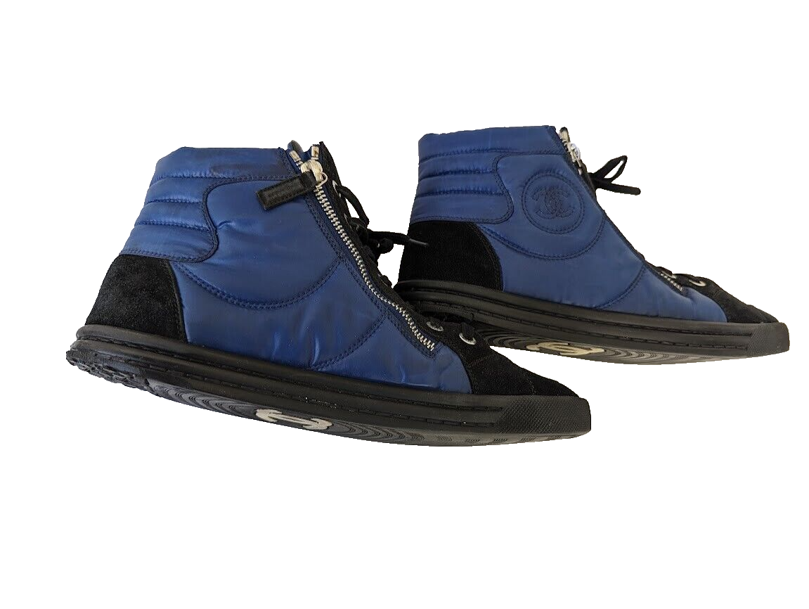 Auth Chanel Blue/Black Leather CC Faux Pearl Embellished High Top