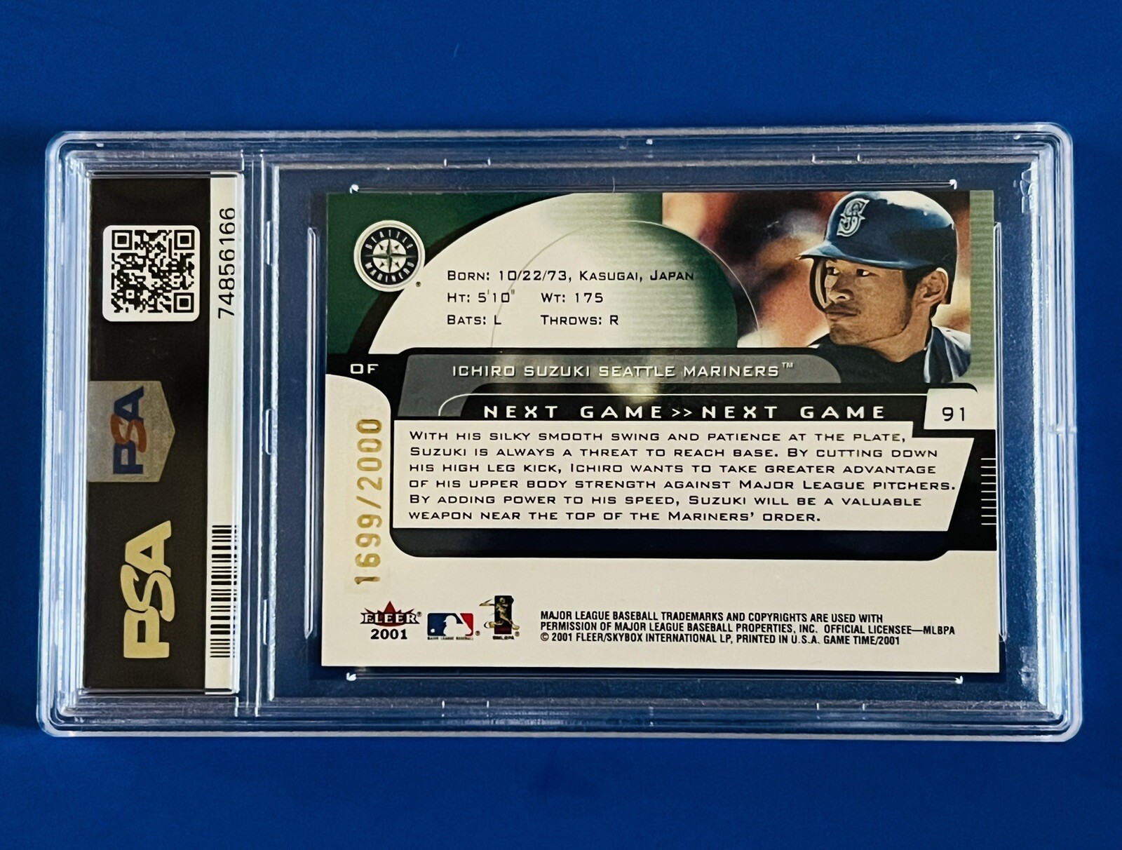 2001 Fleer Game Time Ichiro Suzuki Mariners SP Rookie Card #91; #d /2000; PSA 8 view 3