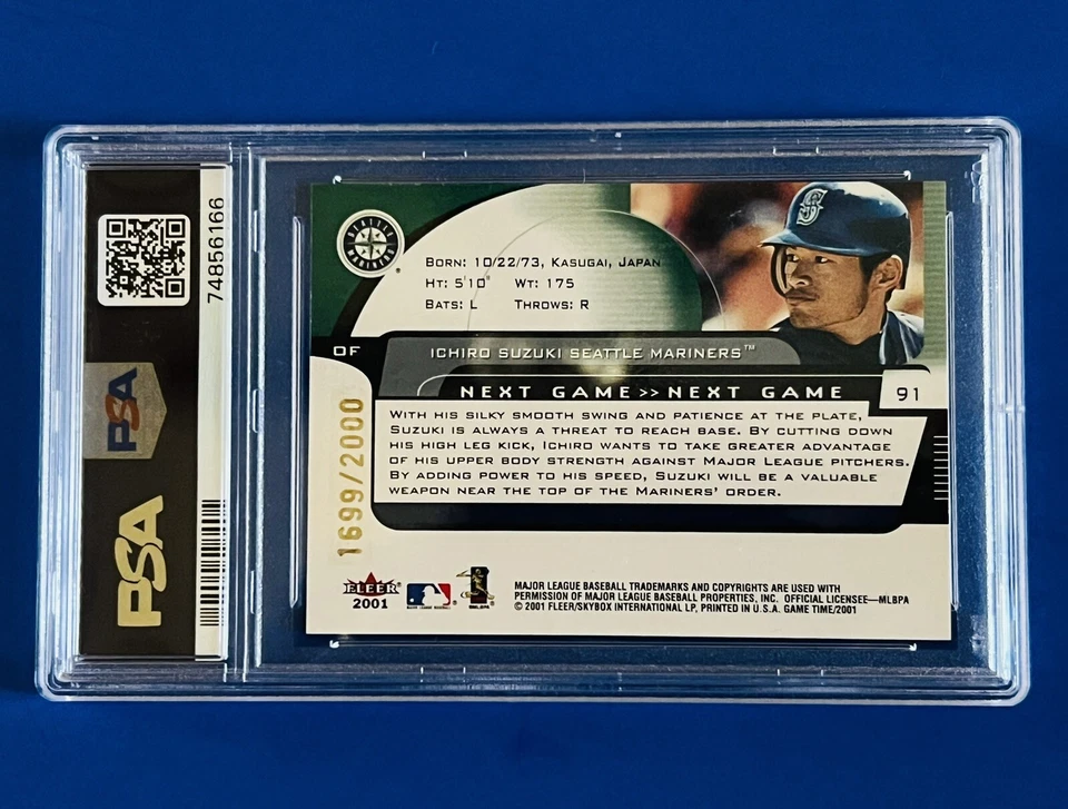 2001 Fleer Game Time Ichiro Suzuki Mariners SP Rookie Card #91; #d /2000; PSA 8 - Image 3 of 3