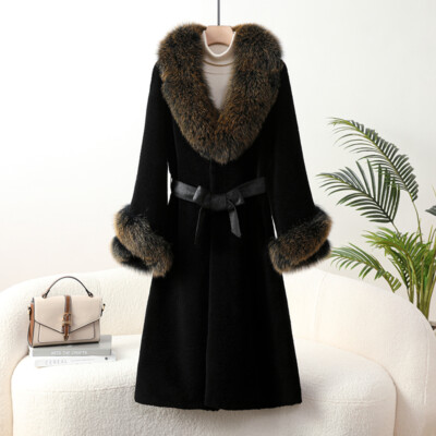 Winter Womens Real Fox Fur Collar Lamb Wool Shearling Mid Long