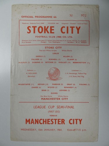 STOKE v MANCHESTER C | 1963/1964 | LEAGUE CUP SEMI-FINAL | 15 JAN 1964 |FREEPOST