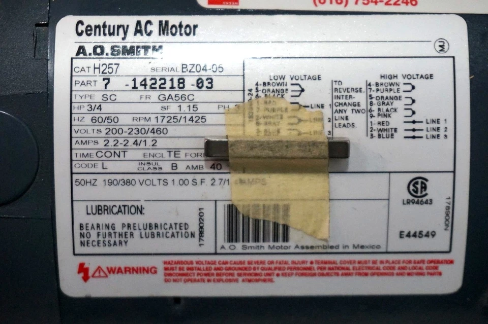 NEW A.O. SMITH 7-142218-03 AC MOTOR H257 3/4 H.P. 1725 R.P.M. 714221803 - Image 4 of 4