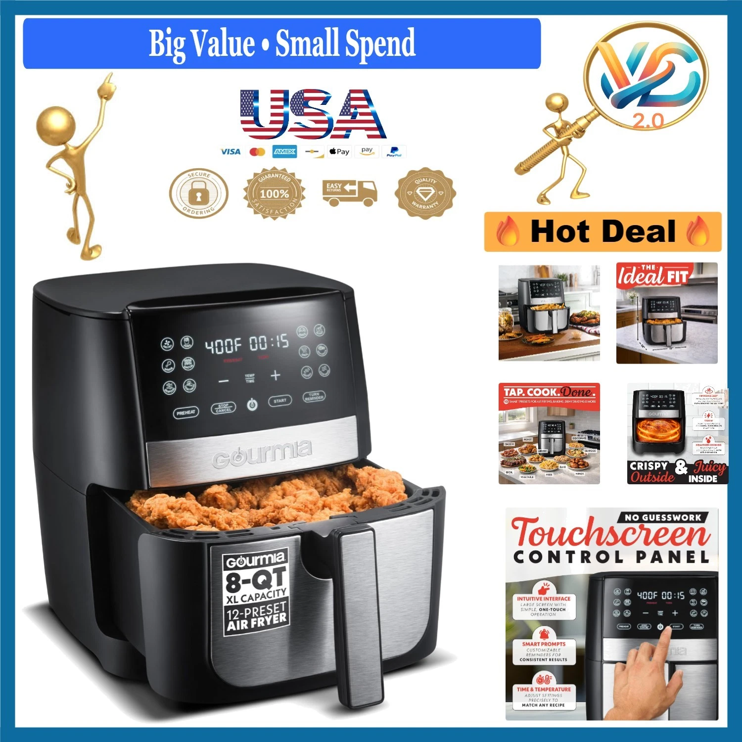 8 Qt Digital Air Fryer 12 Presets Nonstick Dishwasher Safe Black