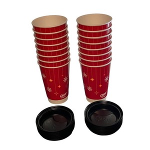 Chinet Set Of 16 Red Snowflake Christmas Holiday Paper Cups with Black Lids Set