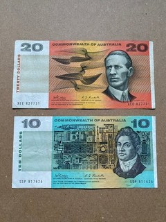Set of Australian Bank Notes Twenty Ten Dollars $20 $10 Phillips/Randall