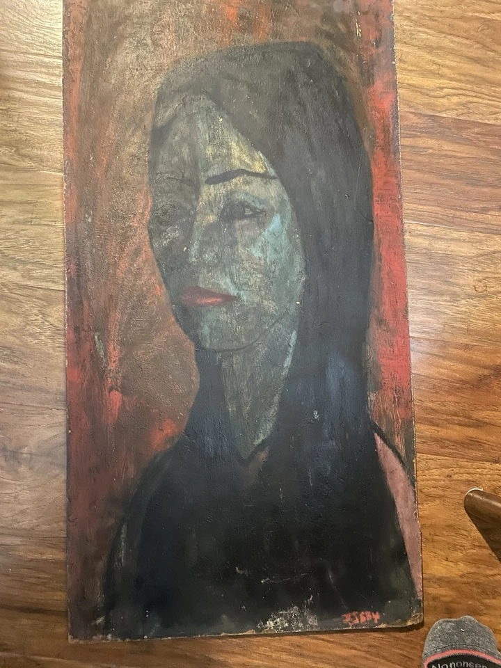 mid century painting on board Black Hair Lady, Signed - Image 2 of 4