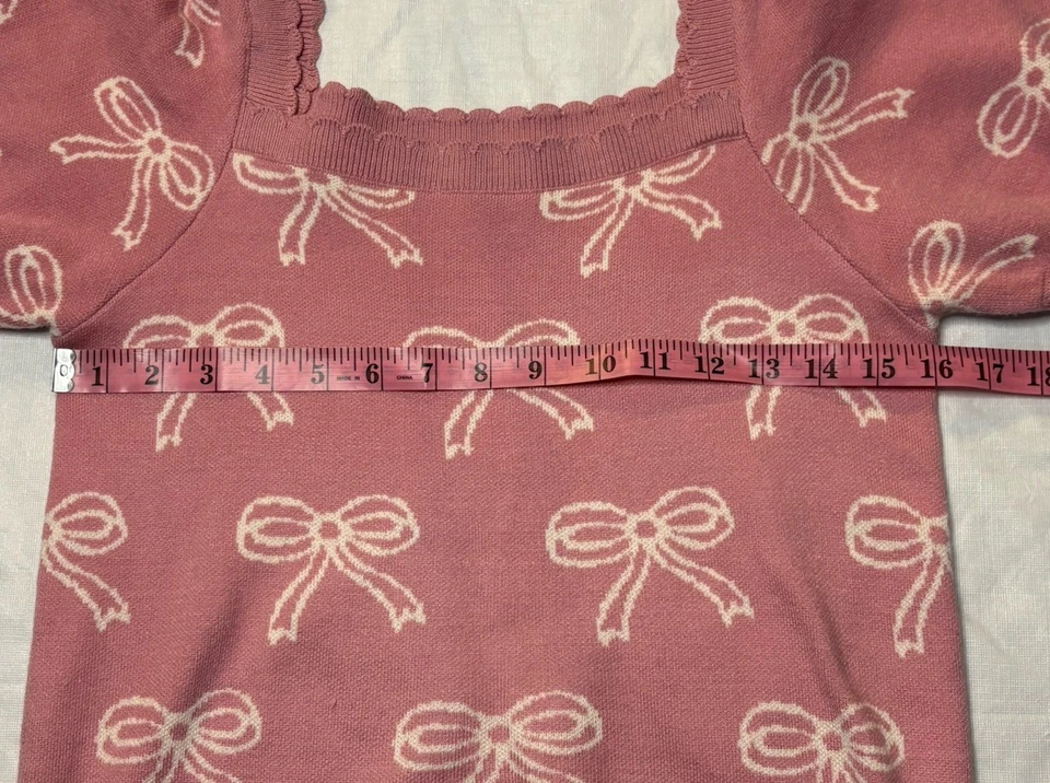 Suéter Willow & Wind Coquette Bow Top Rosa Mangas Cortas Puff Talla L Preppy Foto 3 de 4