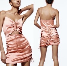 Satin Pink Ruched Cut Out Bodycon Mini Dress Spaghetti Strap V-Neck