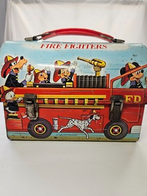 1969 Aladin Walt Disney Firefighters Dome Metal Lunchbox Mickey Donald  Vintage