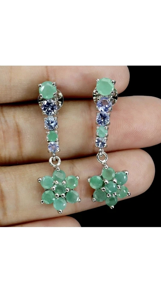 925 Sterling Silber Ohrringe Rund Smaragd 4mm Tansanit Edelstein Schmuck - Bild 2 von 4