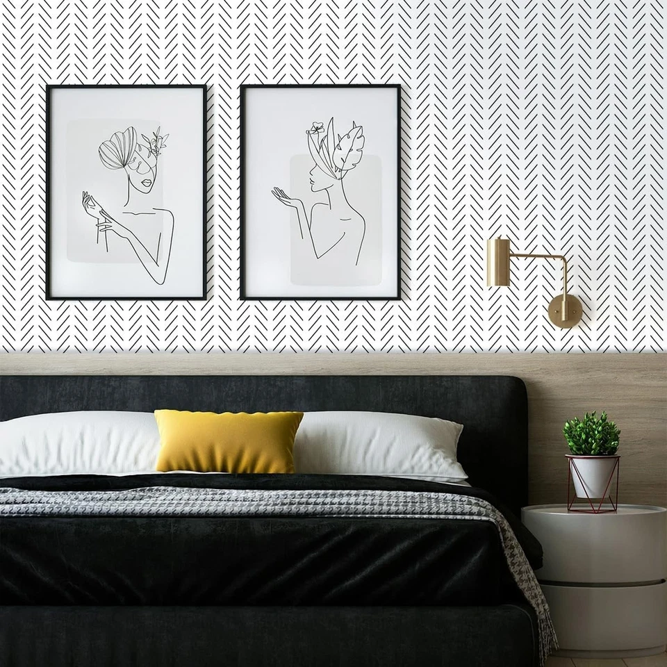 Papel tapiz blanco y negro pelar y pegar - Diseño moderno de espiga, 17,7 x 394 pulgadas Foto 4 de 4