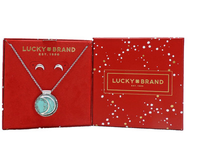 Lucky Brand Turquoise Moon Necklace and Stud Earrings Set Silvertone New In Box!
