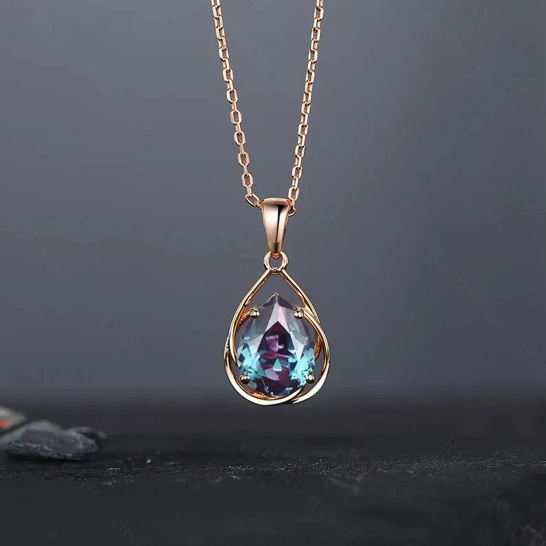7x9mm Pear Alexandrite Necklace in 14K White Gold Finish June Birthstone For Her - Image 2 of 4