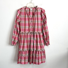 J Crew Plaid Mini Dress Ruffle Trim 10 Sweet Briar Marine Salt Pink Long Sleeve