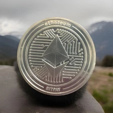 Ethereum 1oz .999 Fine Silver Art Round Crypto Currency ETH BitPay