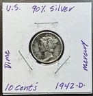 1942 D - 10C Mercury Dime / 90% Silver Coin.