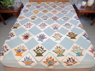 45 Vintage Hand Sewn APPLIQUE Feed Sack & Other Old Cottons BASKET Quilt BLOCKS