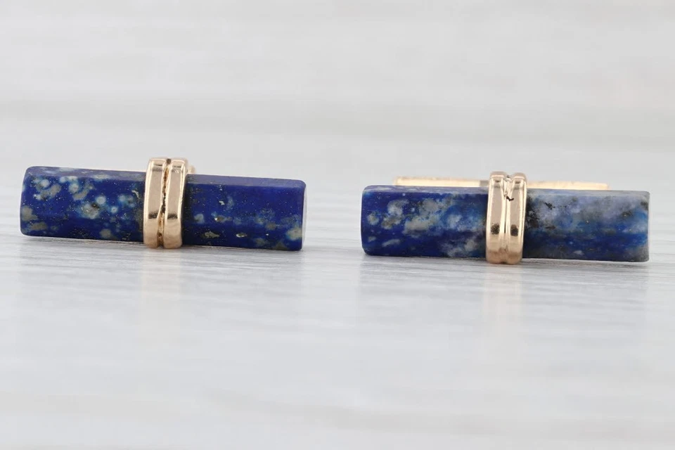 Gemelos de lapislázuli vintage oro amarillo 14k barra de piedra azul accesorio para hombre Foto 3 de 4