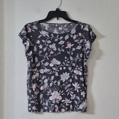 LOFT Charcoal Floral Short Sleeve Tee with Pink Accents