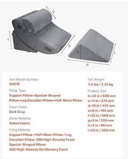 NEW Bed Wedge Pillow, 4PC Adjustable Memory Foam Triangle Set 006 Full Grey/Gray