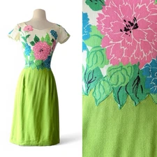 Vintage 1960s Lime Green Floral Linen Dress by Jeannette Alexander XS