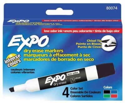 Expo Marker Dry Erase White Board Chisel Tip 4/Pk Assorted Colors School Office