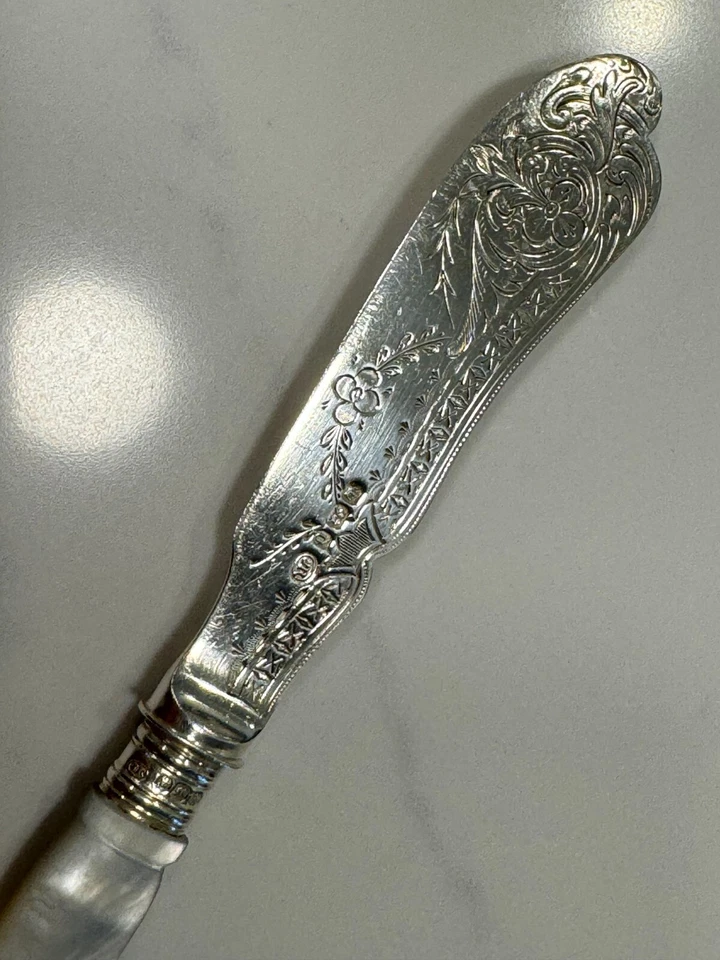 纯银奶酪刀 1896 年雕刻珍珠母手柄英格兰 7 英寸长 — 第 3/4 张图片