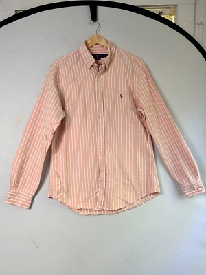 Ralph Lauren Shirt Mens L Orange White Striped Button Down Preppy Slim Fit Logo
