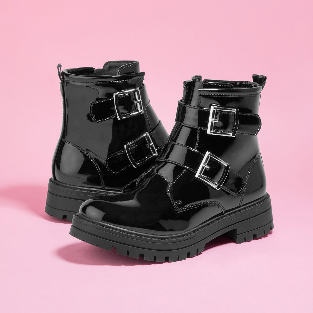 Lilley Girls Boots Black Kids Ankle Patent Buckles Gripped Chunky Padded  Chaz