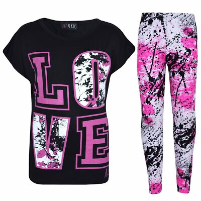Kinder Love Print Splash Kurzarm schwarz T-Shirt Top Legging Set Mädchen Alter 5-13