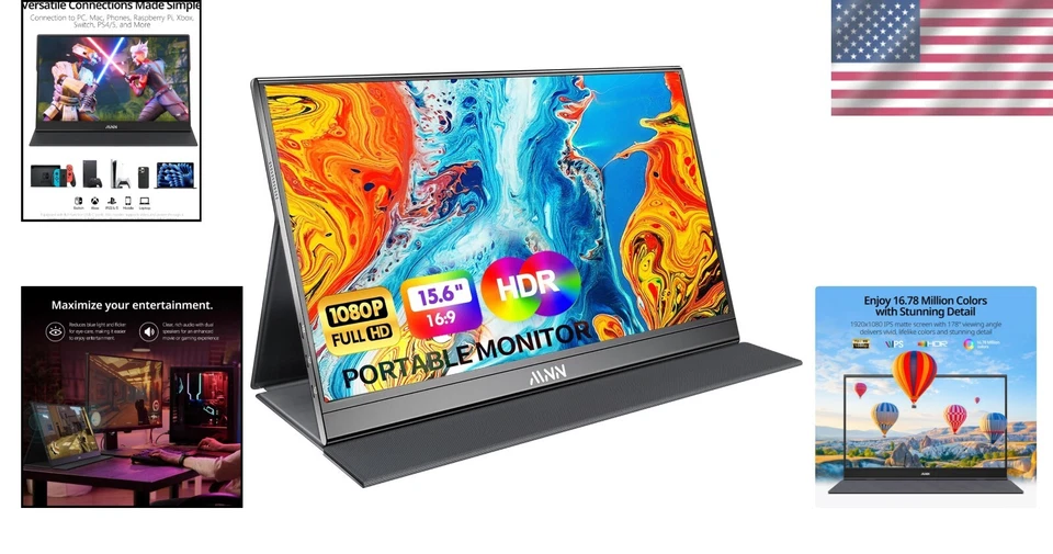 15.6'' Portable Monitor with Smart Cover, HDMI & Dual USB-C - Perfect for Gamers - Image 2 of 4