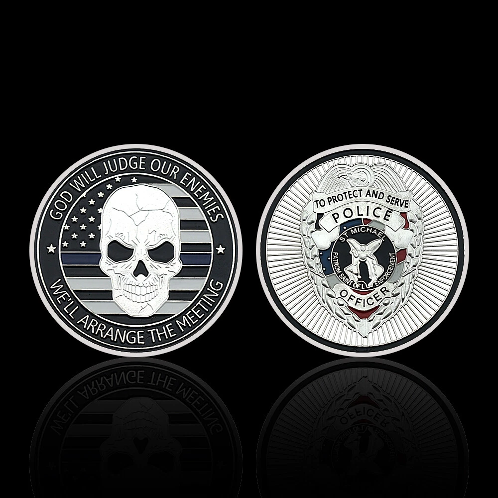 US Skull Police Officer Silver Plated Challenge Coin Saint Michael Protect Medal - Picture 1 of 16
