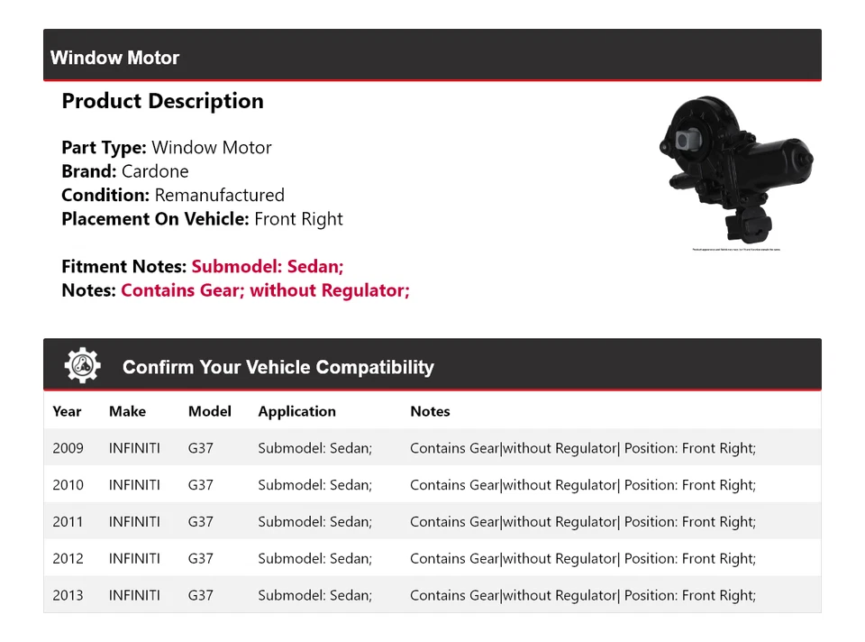 Para Infiniti G37 2009-2013 sedán ventana motor delantero derecho cardone 2010 2011 2012 Foto 2 de 4