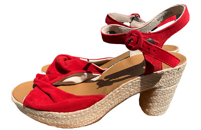 Paul Green Harper Red Suede Open Toe Platforms Espadrilles Heels Leather US 