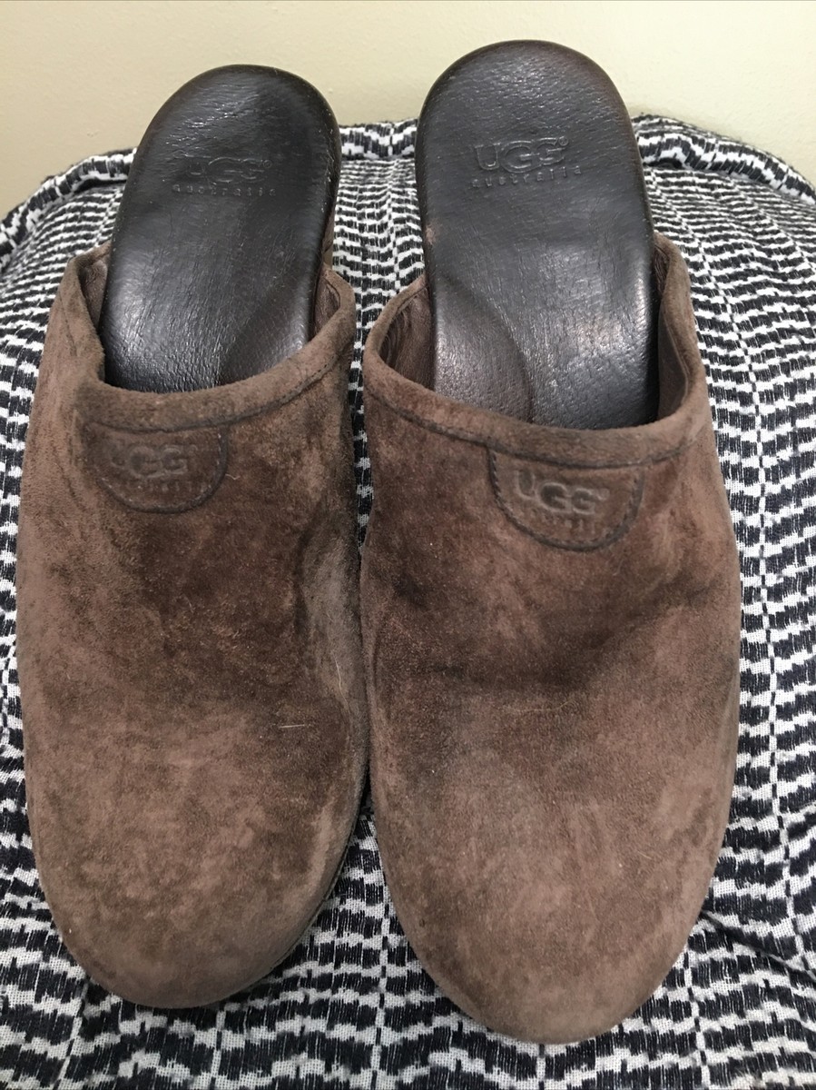 Ladies UGG Australia Abbie Wooden Clogs 39/8 Brown Suede Slip On Mules Shoes