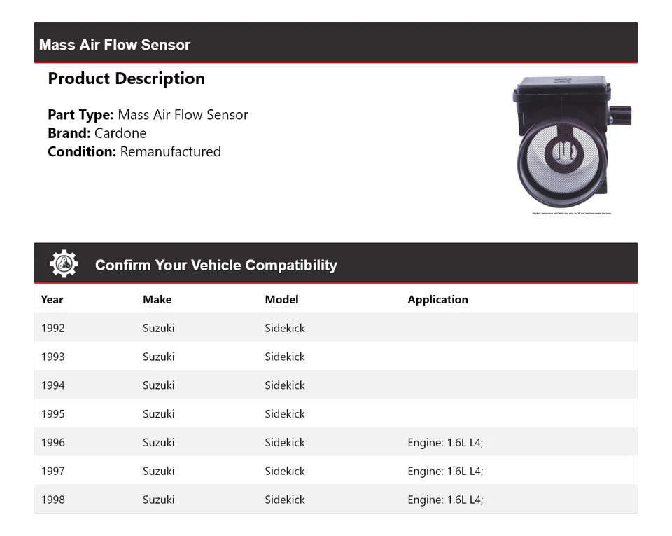 Sensor de flujo de aire de masa Cardone 1993 1994 1995 1996 para Suzuki Sidekick 1992-1998 Foto 2 de 4