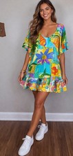 Jams World Sz XXL Hattie Short Sleeve Y2K Tropical Drop Waist Ruffle Mini Dress