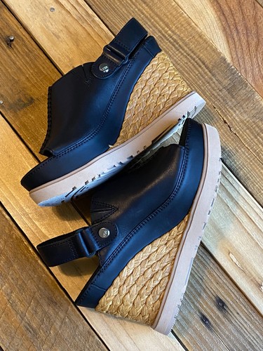 UGG Abbot NEW Black Leather Raffia Platform Wedge Sandals Resort Espadrille 7