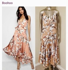 Boohoo Women’s Dress Size 10 Peach Satin Floral Strappy Hi-low Maxi