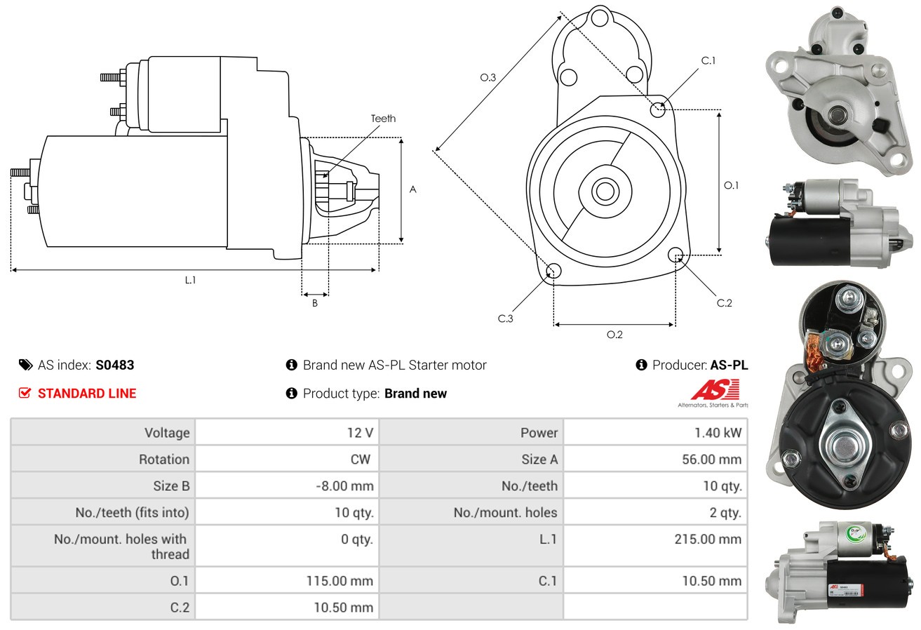 Fits AS ROZRUSZNIKI I ALTERNATORY S0483 BRAND NEW AS-PL STARTER MOTOR